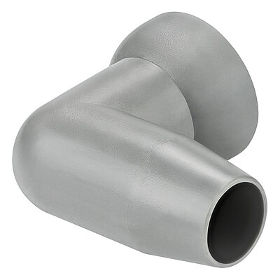 a plastik-made dark-grey-coloured nozzle of the Aqua-Loc modular coolant hose series with click-action ballhead hinge at the rear, featuring a rectangular-positioned bent nozzle opening of 15 mm for conducting cutting coolant liquids, isolated on white background