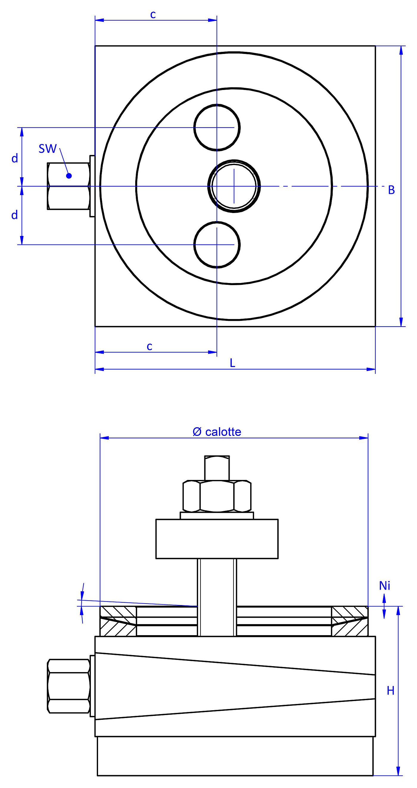 schematic drawing of a bolt-through action machine mount, in the view from the top with two holes in the top and bottom part, an angular compensation calotte consisting of two convex / concave metal rings on the top part and in the side view with a medium-thickness elastomer with structured surface for vibration damping at the bottom and a fastening screw with a screwhead isolation disc at the top screw end, passing through the bottom part