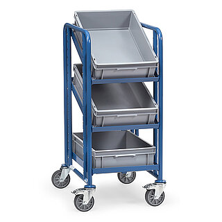 ein blauer FETRA® Wagen mit drei Etagen, davon zwei schräg, und 3 grauen Eurokästen auf weißem Hintergrund