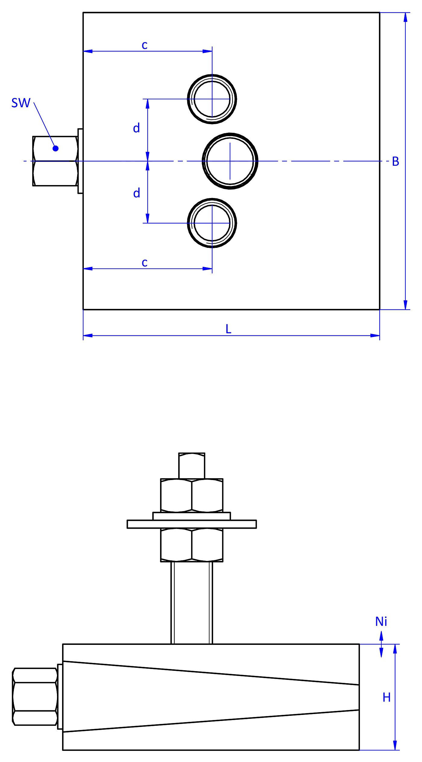 schematische Zeichnung eines anschraubbaren Maschinenschuhs, in der Draufsicht mit zwei Durchgangslöchern im Oberteil und zwei Gewindebohrungen im Unterteil, und in der Seitenansicht mit einer im Unterteil verschraubten Befestigungsschraube
