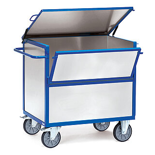 ein blauer FETRA® Blechkastenwagen mit Deckel auf weißem Hintergrund