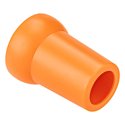 a plastik-made orange-coloured nozzle of the Aqua-Loc modular coolant hose series with click-action ballhead hinge at the rear and conical-shaped nozzle ending at the front, featuring an opening of 16 mm for conducting cutting coolant liquids, isolated on white background