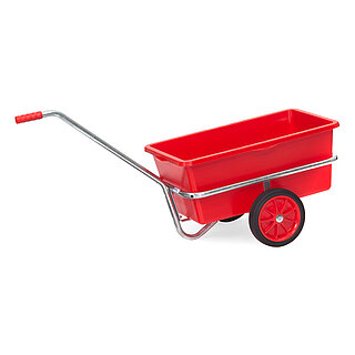 ein zinkfarbener 1-achsiger FETRA® Handwagen mit roter Kunststoffwanne und Vollgummi-Bereifung auf weißem Hintergrund
