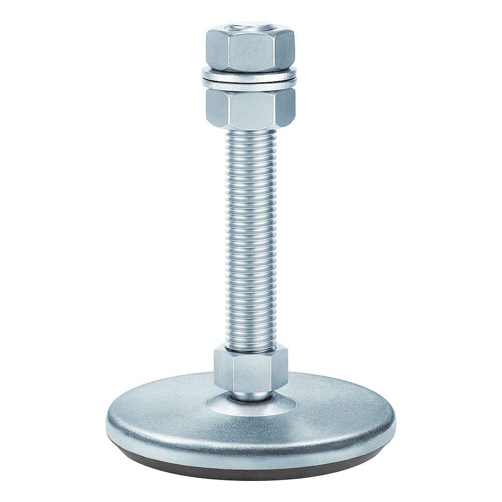 a machine foot made of bluish-shiny zinc-coated steel with 135 mm diameter at the base, thread M24x150 mm in a pendulum-action cap nut atop the base plate and black elastomer NBR underneath the base plate, isolated on white background