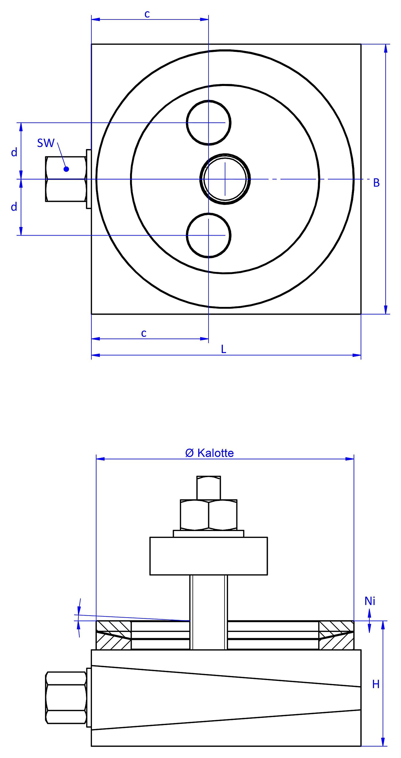 schematische Zeichnung eines durchschraubbaren Maschinenschuhs, in der Draufsicht mit zwei Durchgangslöchern im Oberteil und Unterteil, einer aus zwei aufeinander liegenden Metallringen bestehenden Winkelkalotte auf dem Oberteil, und in der Seitenansicht mit einer durch das Unterteil durchgehenden Befestigungsschraube mit Isolierscheibe