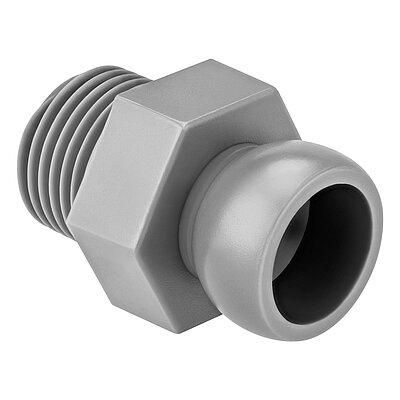 a plastik-made light-grey threaded nipple of the Aqua-Loc modular coolant hose series, with 1/2" thread at the rear, a hexagonal in the middle and ballhead hinge at the front for conducting cutting coolant liquids, isolated on white background