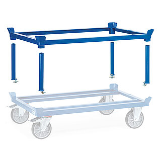 ein blauer FETRA® Aufsetzrahmen schwebend über einem Palettenfahrgestell auf weißem Hintergrund