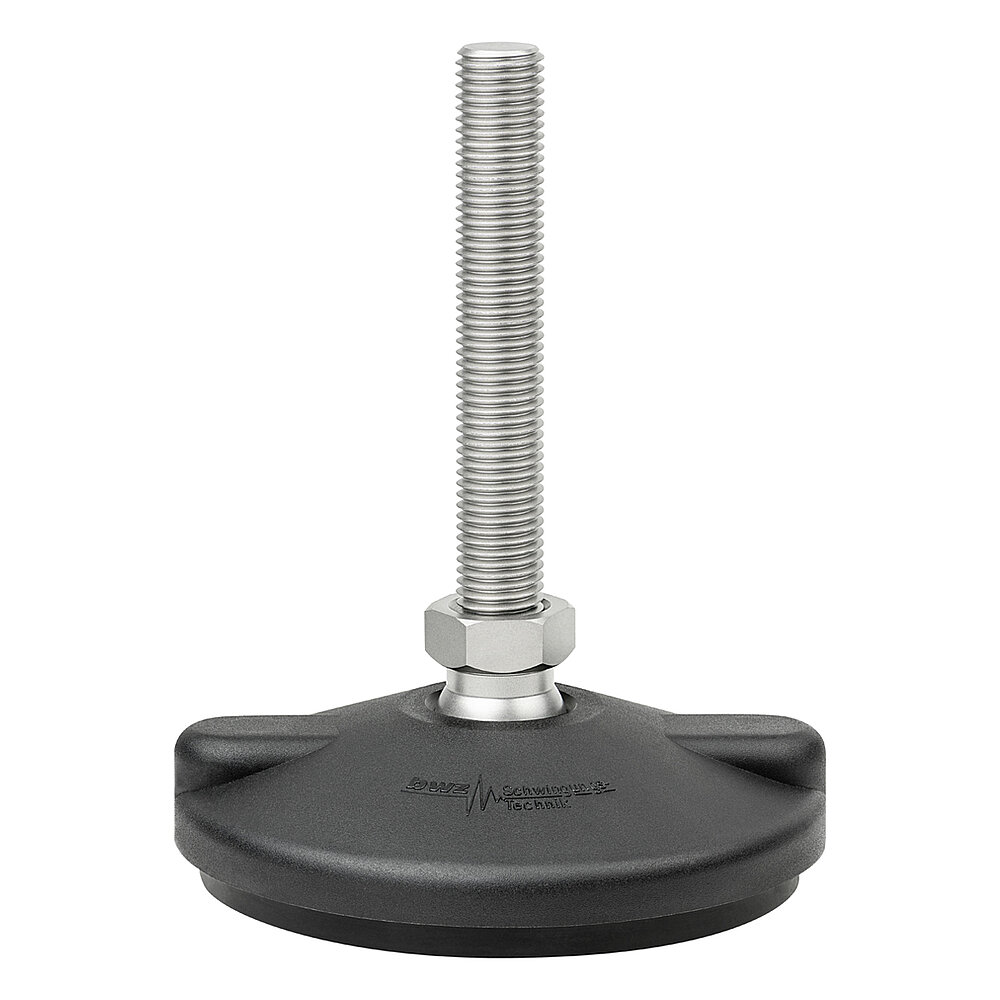 a round, upwards conically tapering machine foot made of black composite material with 120 mm diameter at the base, black elastomer NBR for non-slip protection at the bottom and vertically upward facing stainless steel thread M16x100 mm in a pendulum-action hexagonal spanner flat ball joint, isolated on white background