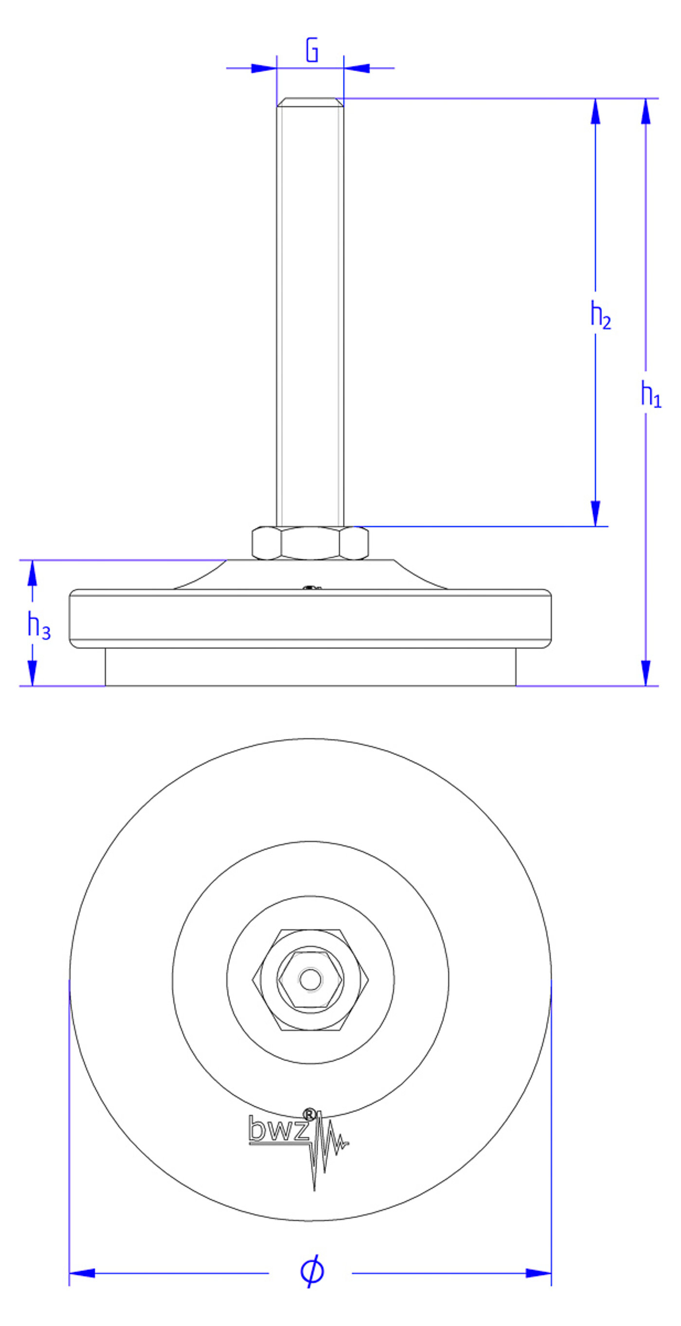 schematische Zeichnung eines runden Nivellierelementes mit auf dem Gusskorpus platzierter verzinkter Nivellierschraube mit gekonterter flacher Sechskantmutter am unteren Schraubenende,  und Elastomer zur Schwingungsdämpfung unten, in der Seitenansicht und in der Draufsicht