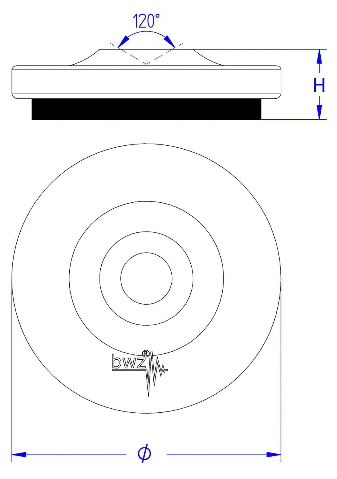schematische Zeichnung eines runden Nivellierelementes mit kegelförmiger Vertiefung in der Mitte für Nivellierschrauben und Elastomer zur Schwingungsdämpfung unten, in der Seitenansicht und in der Draufsicht