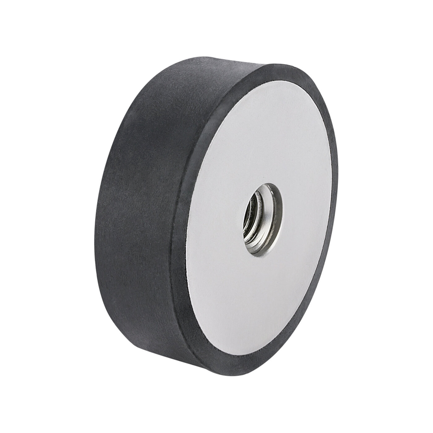 a rubber-metal bearing with inner thread on one side and a black, cylindrical elastomer corpus, isolated on white background