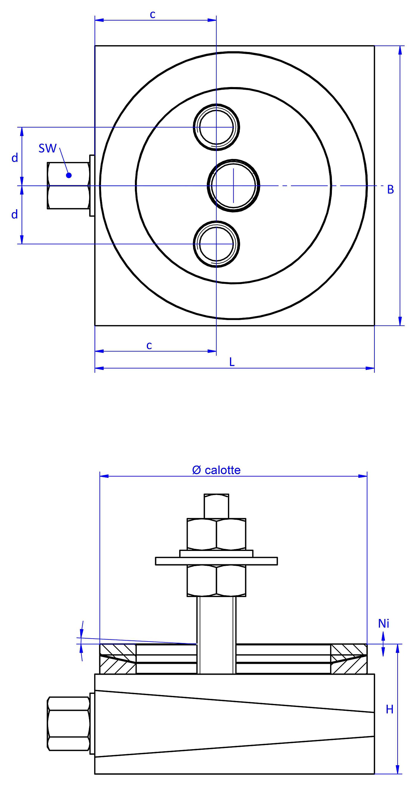schematic drawing of a bolt-on action machine mount, in the view from the top with two holes in the top part and two threads in the bottom part, an angular compensation calotte consisting of two convex / concave metal rings on the top part and in the side view with a fastening screw fastened in the bottom part