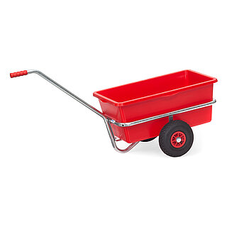 ein zinkfarbener 1-achsiger FETRA® Handwagen mit roter Kunststoffwanne und Luftbereifung auf weißem Hintergrund