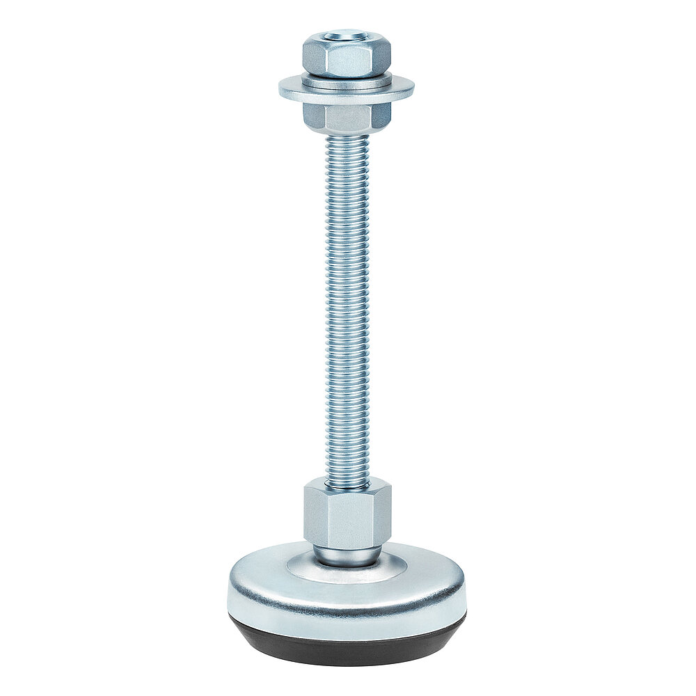 a machine foot made of bluish-shiny zinc-coated steel with 52 mm diameter at the base, thread M10x100 mm in a pendulum-action cap nut atop the base plate and black elastomer NBR underneath the base plate, isolated on white background