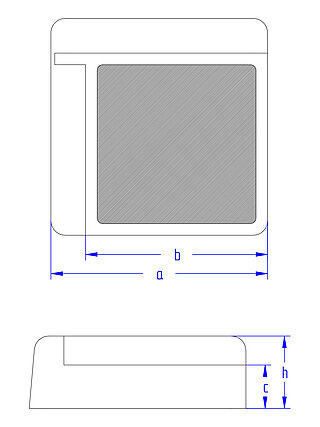 schematische Zeichnung eines quadratischen Elastomer-Formstückes in der Draufsicht mit zwei rechtwinkligen Stegen und feinen parallelen Profilrillen auf der Oberfläche