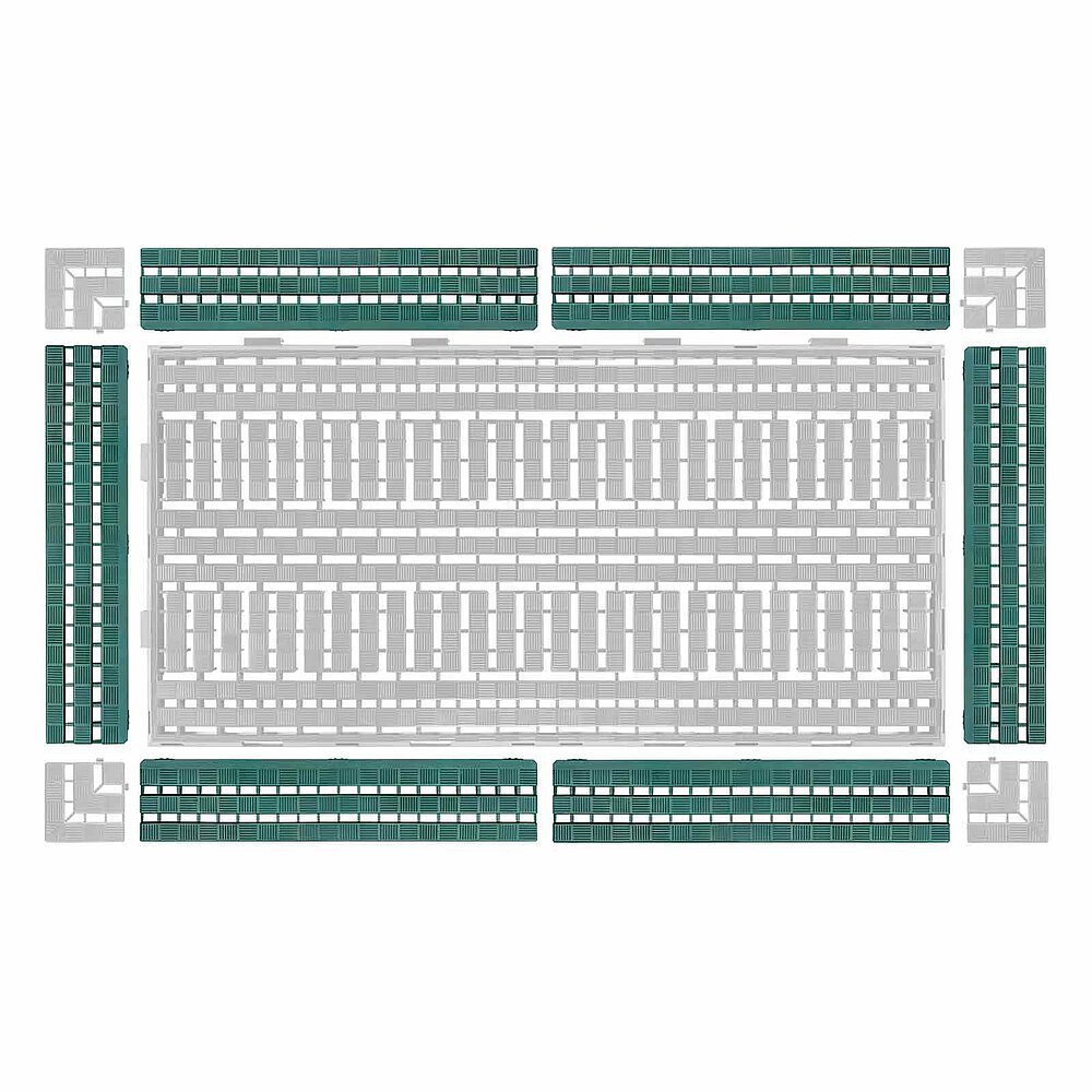 1 Bodenrost aus Kunststoff mit 6 grünen Auffahrkeilen und 4 Eckelementen, freigestellt auf weißem Hintergrund