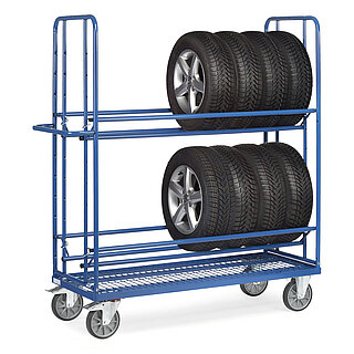 ein blauer zweigeschoßiger FETRA® Reifenwagen aus Stahlrohr mit 4 Lenkrollen, davon 2 feststellbar, Drahtgitterboden, und beladen mit 8 hochkant stehenden PKW-Reifen auf Alufelgen, auf weißem Hintergrund