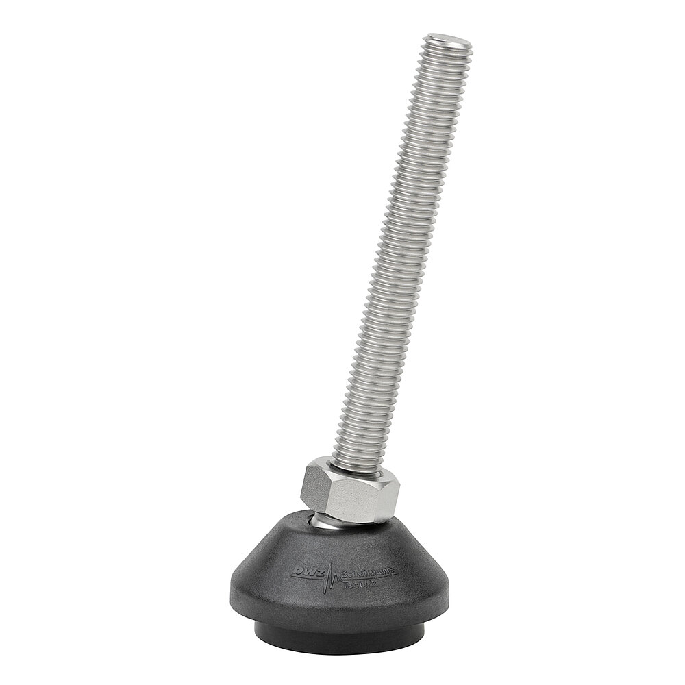 a round, upwards conically tapering machine foot made of black composite material with 50 mm diameter at the base, black elastomer NBR for non-slip protection at the bottom and slightly to the right tilted stainless steel thread M12x100 mm in a pendulum-action hexagonal spanner flat ball joint, isolated on white background