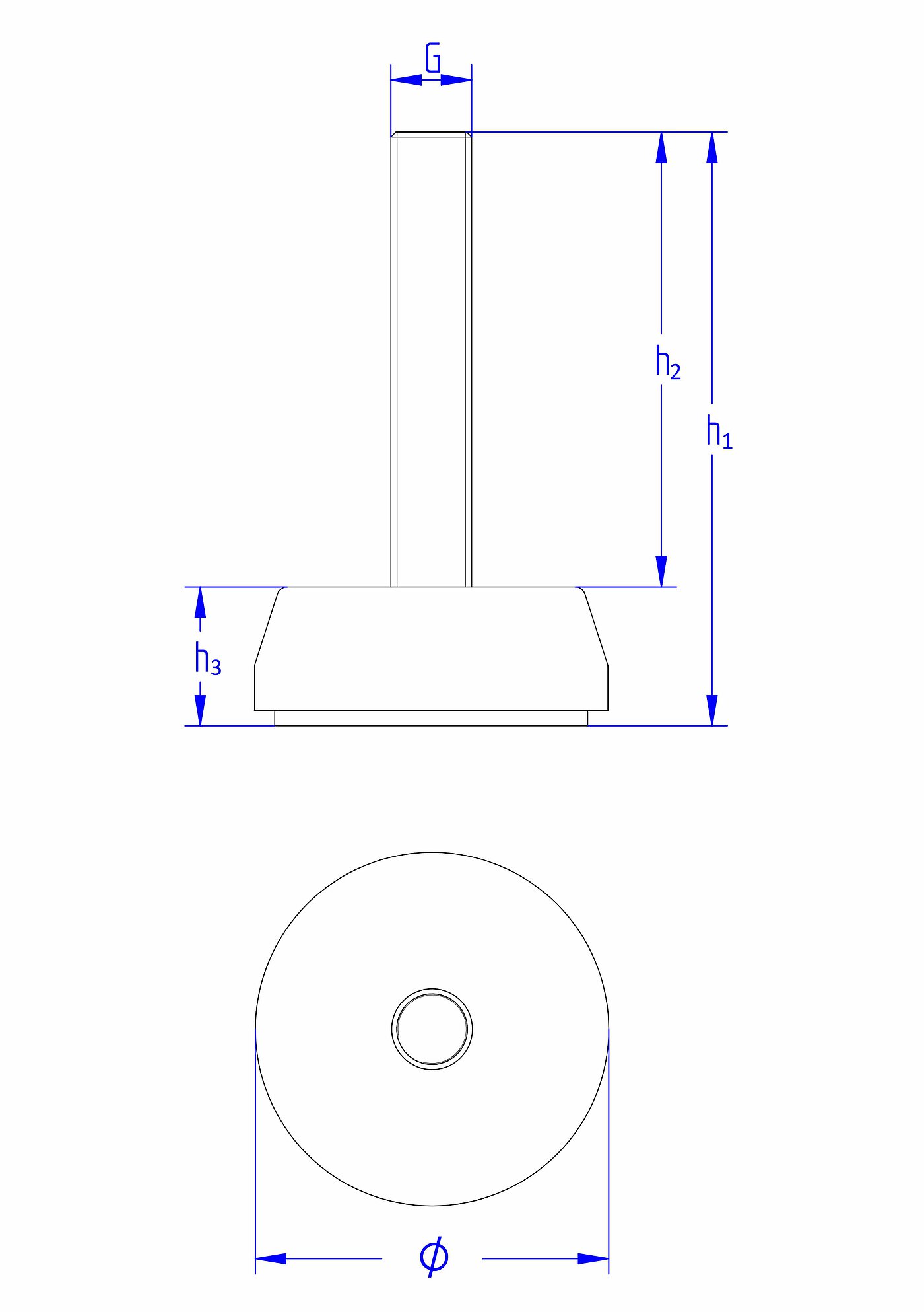 schematische Zeichnung eines runden einschraubbaren Gerätefußes mit 70 mm Durchmesser, fest eingebetteter Nivellierschraube und Gleitschutzbelag NBR unten in der Seitenansicht und in der Draufsicht