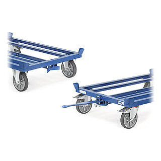 Detailaufnahmen von Kupplung und Deichsel zweier blauer FETRA® Palettenfahrgestelle auf weißem Hintergrund