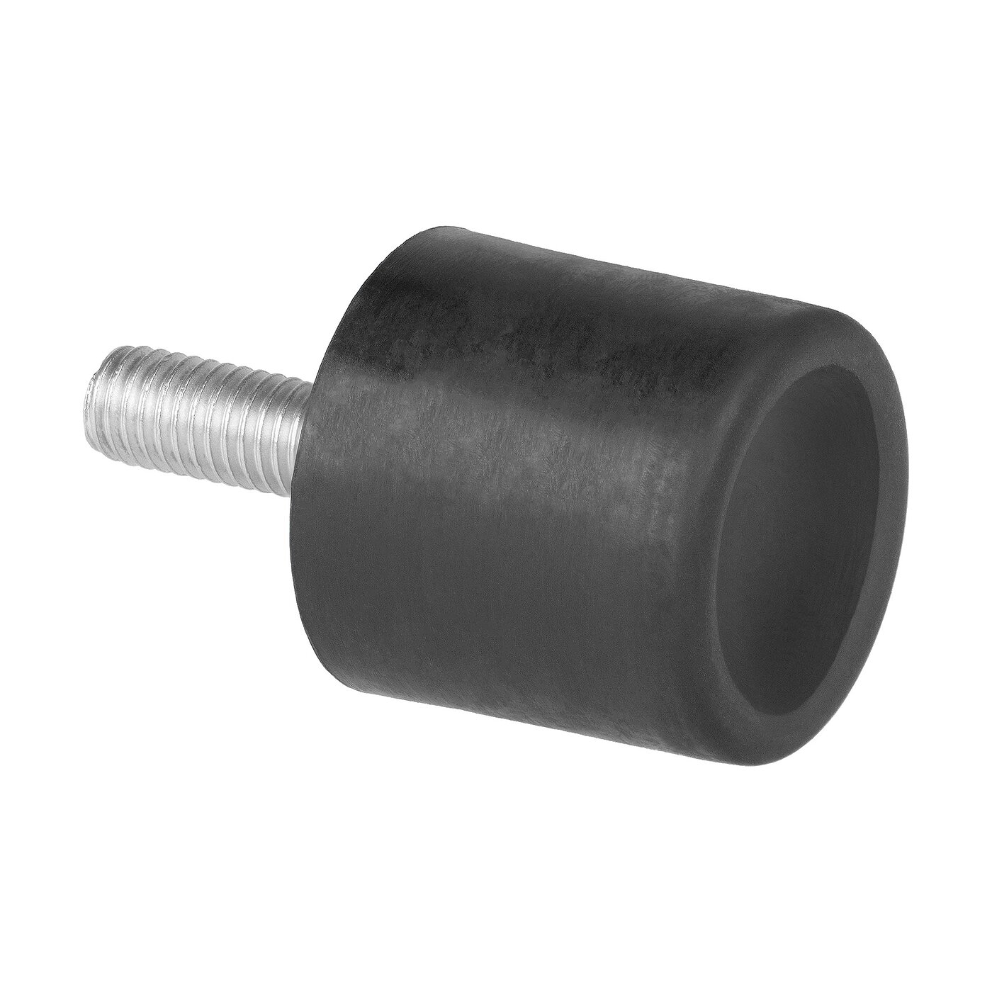 a rubber-metal bearing with outer thread on one side, black cylindrical elastomer corpus and convex-shaped inner curvature at the corpus end, isolated on white background