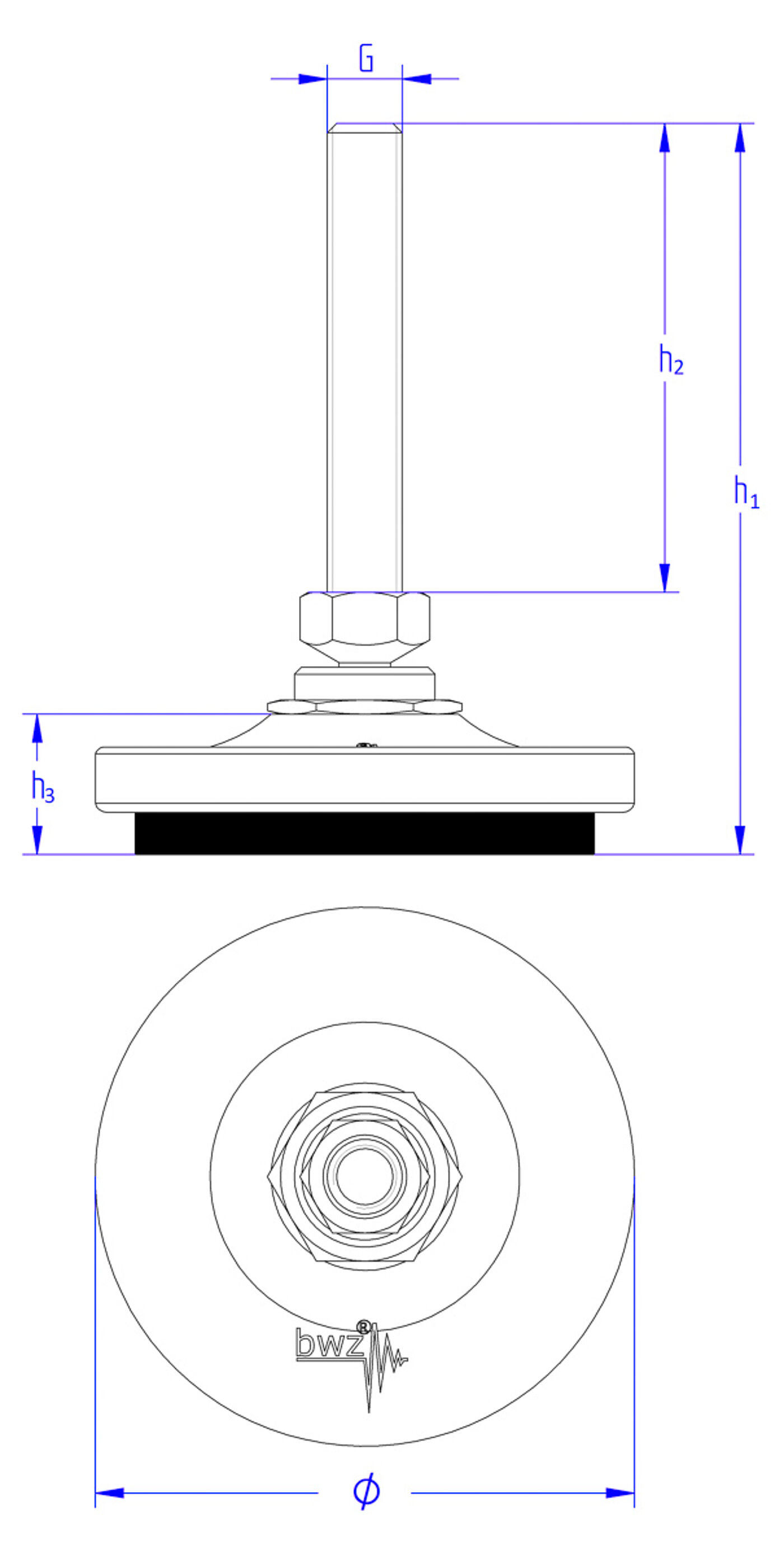 schematic drawing of a round levelling element made of cast iron, with a pendulum-action levelling screw placed in a pressure fitting with safety ring on top of the cast iron corpus, and elastomer for vibration damping at the bottom, in the side view and the view from the top