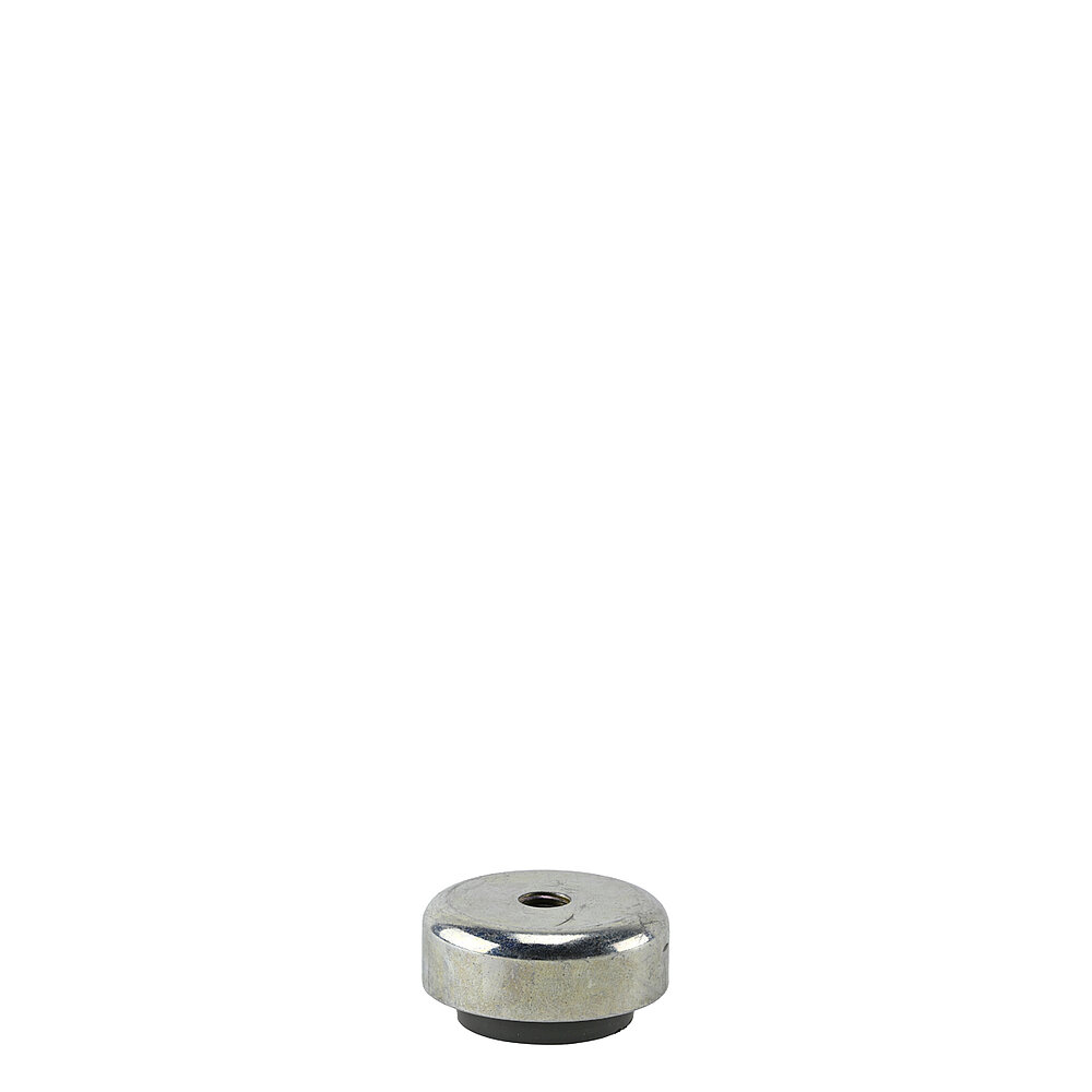 a round vibration damper with 45 mm diameter, matte-shiny zinc-galvanized metal surface, black vulcanized elastomer at the bottom and central inner thread for levelling screw M10, isolated on white background