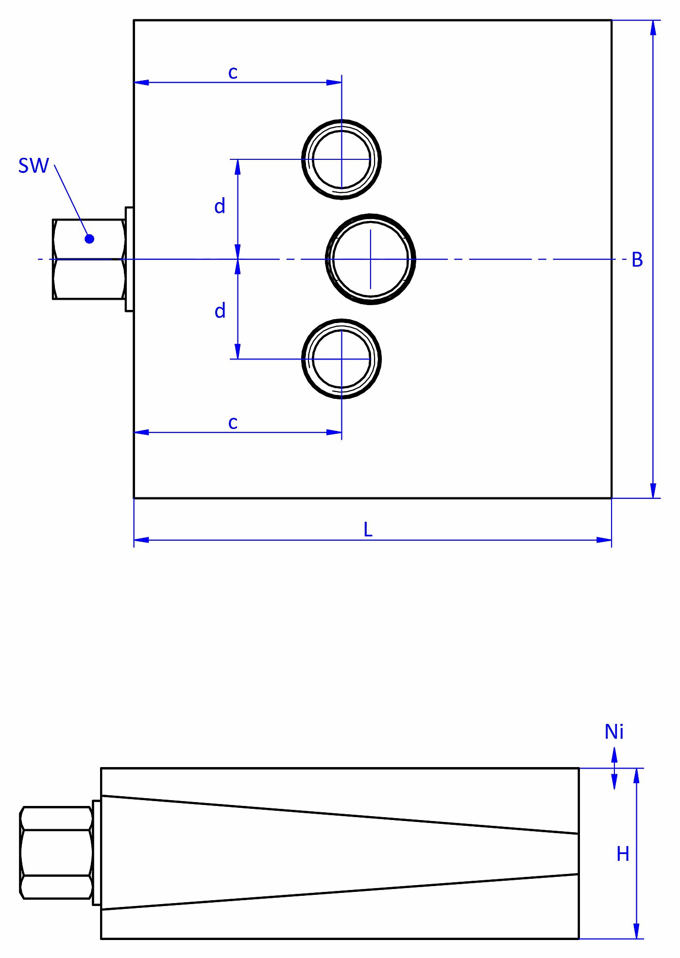 schematische Zeichnung eines freistehenden Maschinenschuhs, in der Draufsicht mit zwei Durchgangslöchern im Oberteil und zwei Gewindebohrungen im Unterteil, und in der Seitenansicht