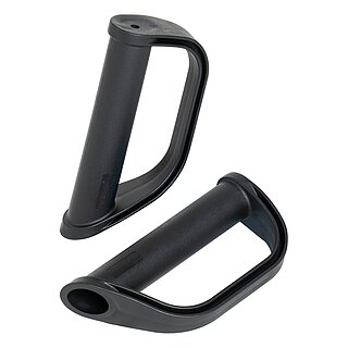 zwei schwarze, ESD-fähige FETRA® Handgriffe aus Kunststoff mit Sicherheitsbügel, einseitig aufsteckbar auf Rohrenden von Transportkarren mit 27 mm Rohrdurchmesser, freigestellt auf weissem Hintergrund