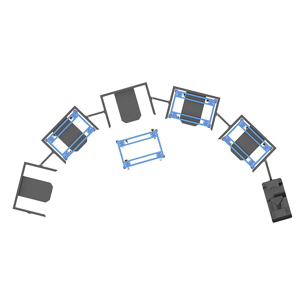 Draufsicht eines marktüblichen gekoppelten Routenzuges mit blauen FETRA® Palettentrolleys auf weißem Hintergrund