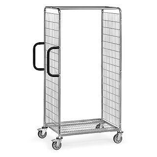 ein verzinkter FETRA® Kommissionierwagen mit zwei schwarzen Schiebegriffen auf weißem Hintergrund