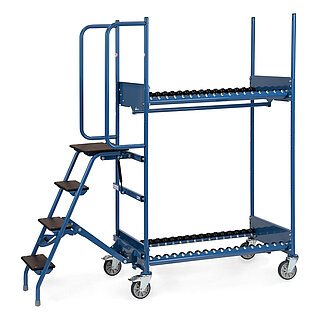 ein blauer zweigeschoßiger FETRA® Reifenkommissionierwagen aus Stahlrohr mit ausgeklappter Trittleiter, 4 Lenkrollen, davon 2 feststellbar, und Rollenbahn auf jeder der 2 Ladeebenen, auf weißem Hintergrund