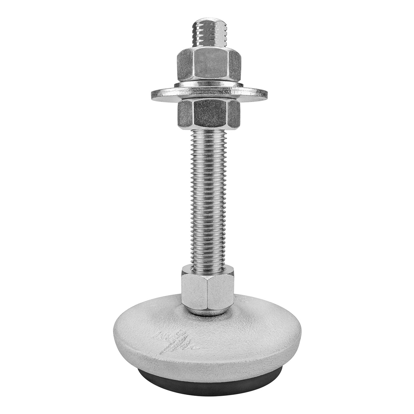 a round, silver-lacquered levelling element made of cast iron, with a pendulum-action zinc-coated levelling screw with a hexagonal spanner flat at the top end, placed in a hexagonal cap nut sitting on top of the cast iron corpus, with the corpus and cap nut tightly connected to each other against falling apart, and black elastomer for vibration damping at the bottom, isolated on white background