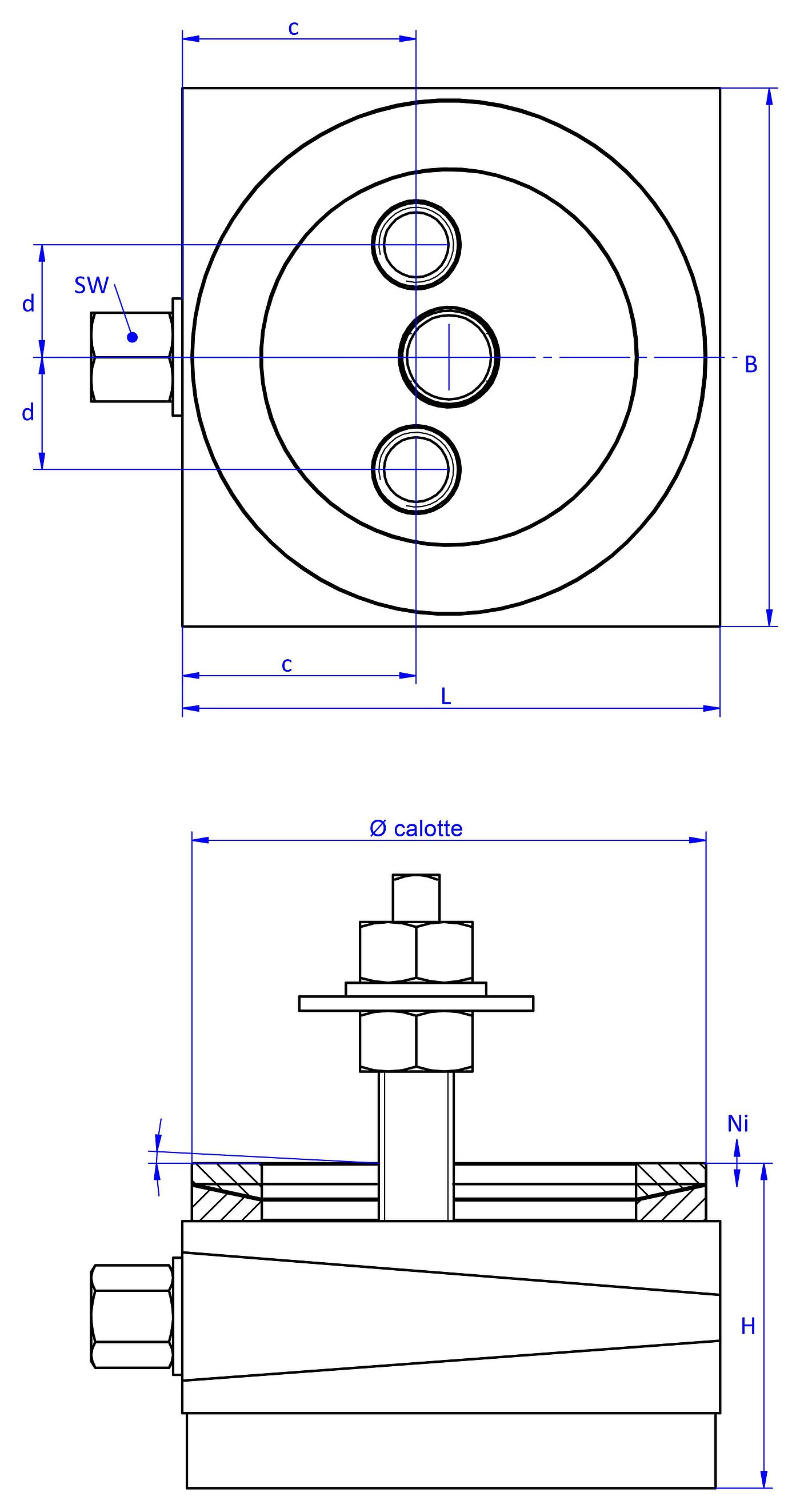 schematic drawing of a bolt-on action machine mount, in the view from the top with two holes in the top part and two threads in the bottom part, an angular compensation calotte consisting of two convex / concave metal rings on the top part and in the side view with a medium-thickness elastomer with structured surface for vibration isolation at the bottom and a fastening screw fastened in the bottom part