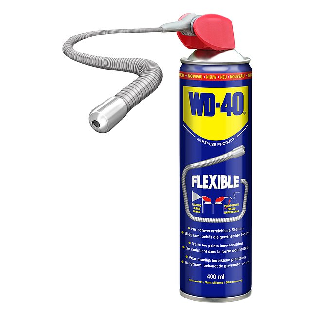 a blue-yellow WD-40® 400 ml spray can with red nozzle head on top and flexible spray hose made of metal, isolated on white background