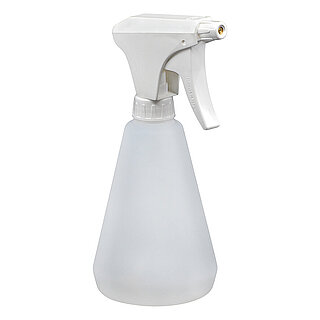 a white cone-shaped pump-action hand sprayer made of plastics with brass atomizer nozzle, isolated on white background