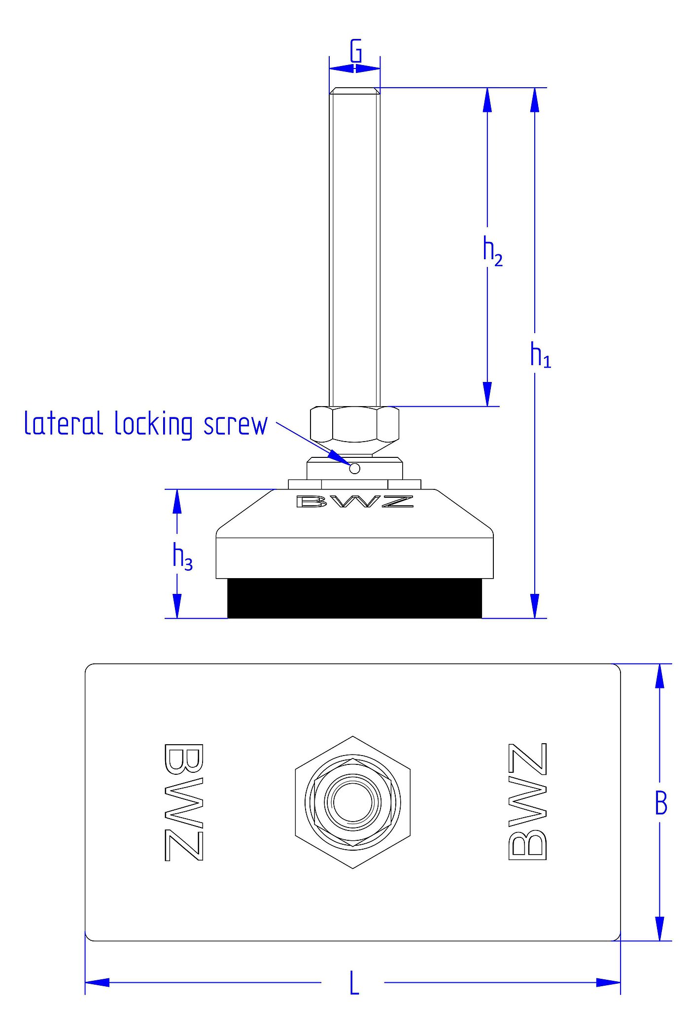 schematic drawing of a rectangular levelling element made of cast iron, with a pendulum-action levelling screw placed in a pressure fitting on top of the cast iron corpus, secured with two small grub screws on the sides against falling apart, and elastomer for vibration damping at the bottom, in the side view and the view from the top