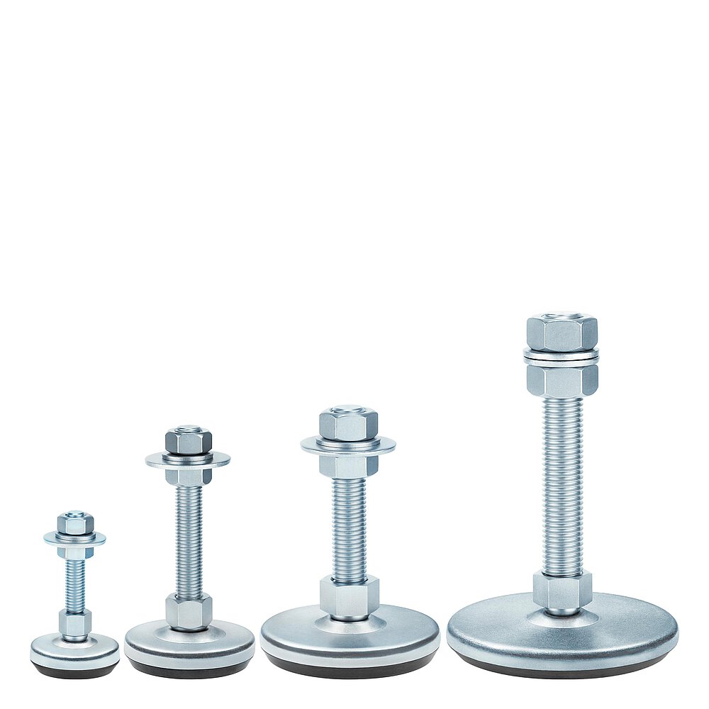 a group picture of four machine feet made of bluish-shiny zinc-coated steel with various diameters at the base, each with a thread in a pendulum-action cap nut atop the base plate and black elastomer NBR underneath the base plate, isolated on white background