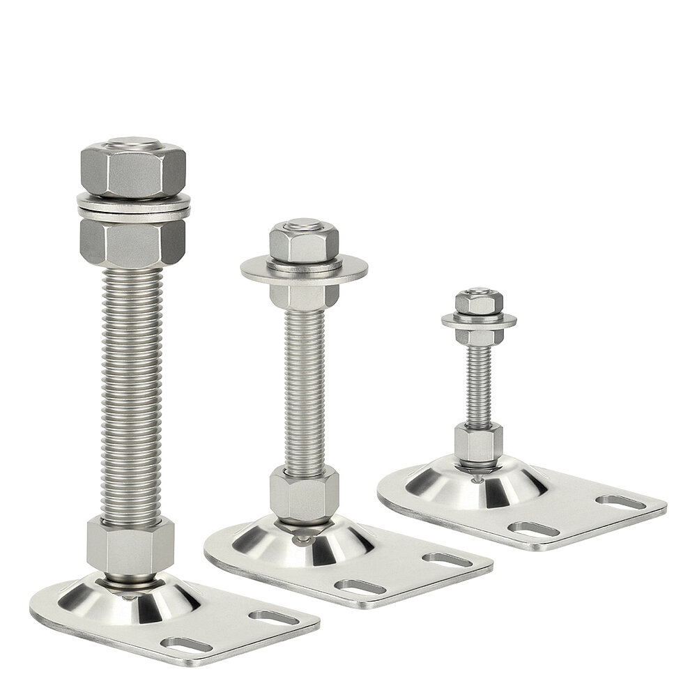 a group picture of three elongated machine feet made of shiny stainless steel with oblong holes for floor-fastening and various pendulum-action thread sizes, isolated on white background