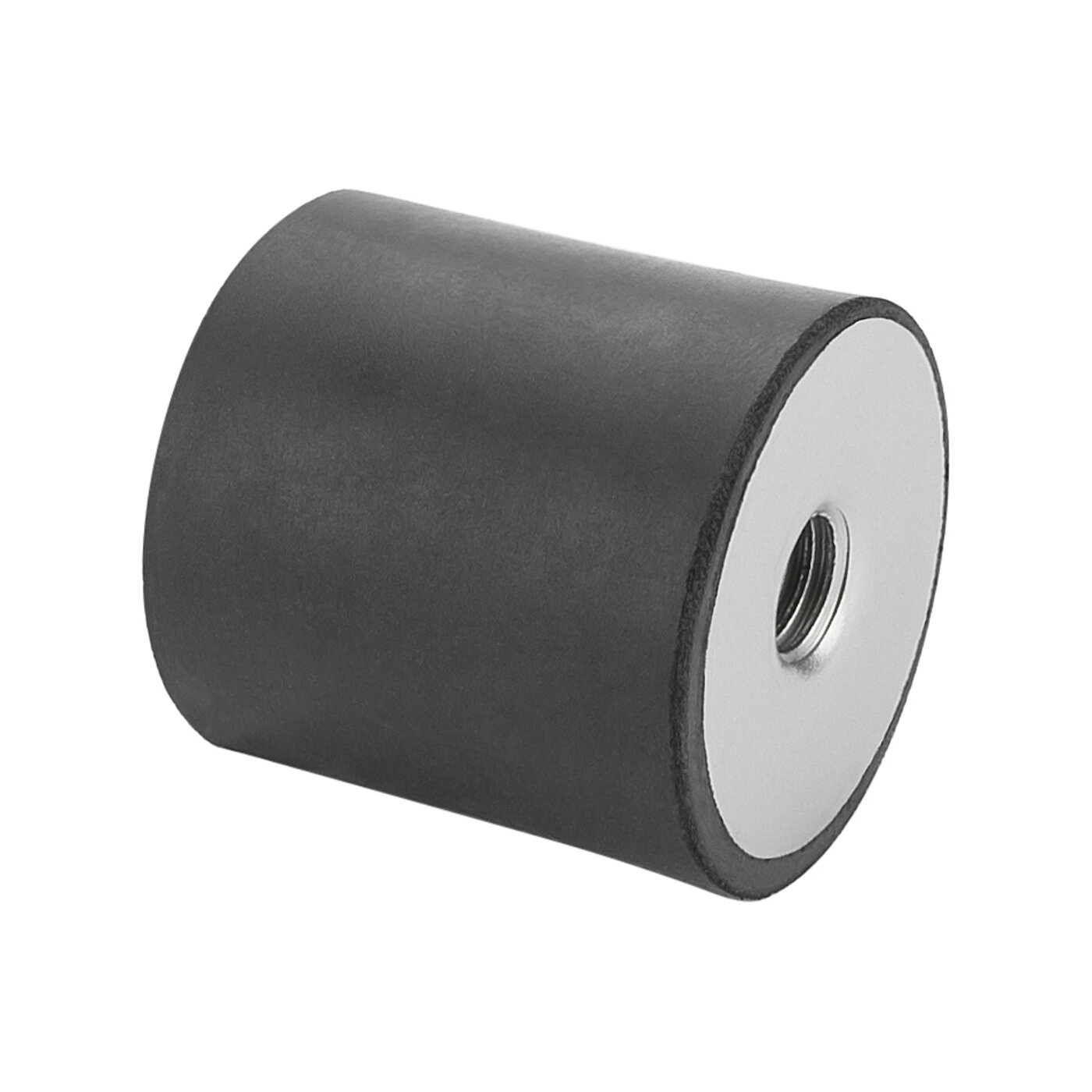 a rubber-metal bearing with inner threads on both sides and in between a black, cylindrical elastomer corpus, isolated on white background