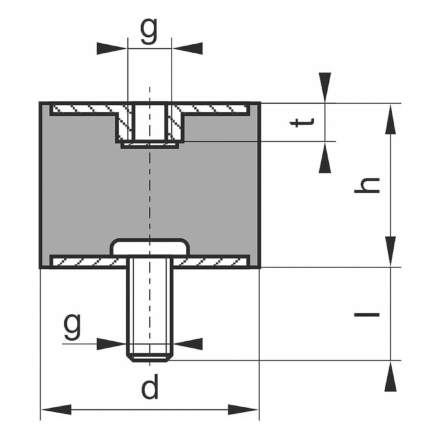 schematische Zeichnung eines Gummi-Metall-Elementes mit Außengewinde, Innengewinde und dazwischenliegendem zylindrischem Elastomerkorpus