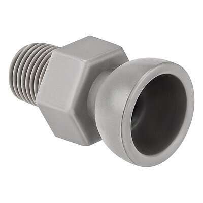 a plastik-made light-grey threaded socket of the Aqua-Loc modular coolant hose series, with 1/8" thread at the rear, a hexagonal in the middle and ballhead hinge at the front for conducting cutting coolant liquids, isolated on white background