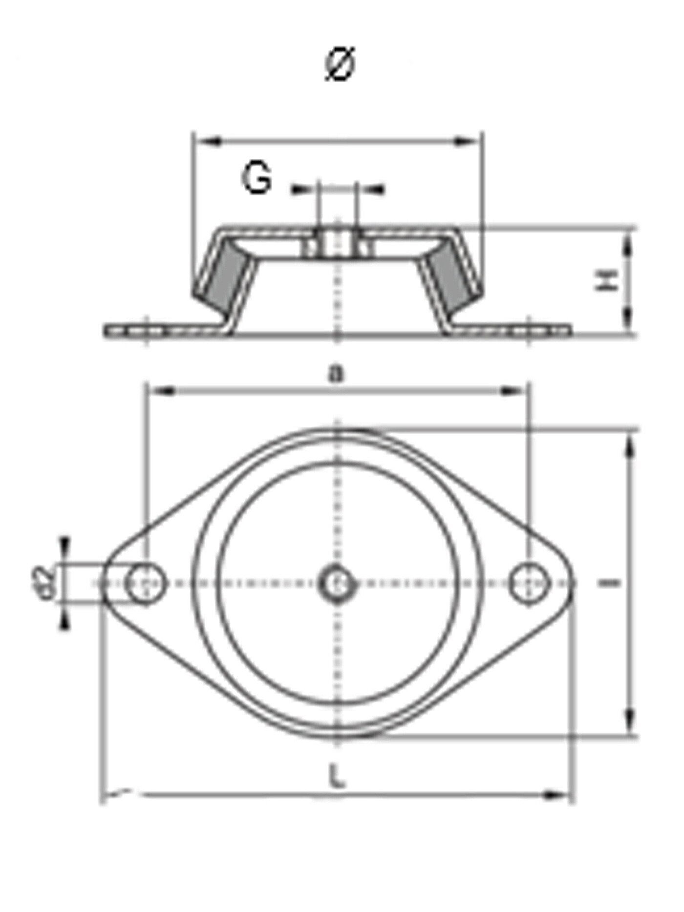 schematische Zeichnung eines Schwingungsdämpfers aus Metall mit rautenförmiger Bodenplatte, zwei Rundlöchern zur Bodenbefestigung, einer glockenförmigen Metallkappe mit Einschraubgewinde und dazwischen einvulkanisiertem Elastomer, in der Querschnitt-Seitenansicht und Draufsicht