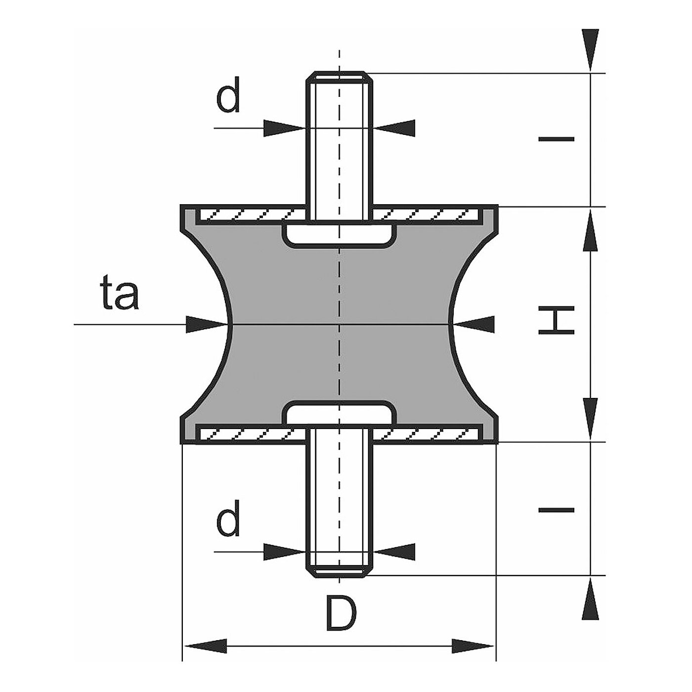 schematische Zeichnung eines Gummi-Metall-Elementes mit beidseitigem Außengewinde und tailliertem Korpus auf weißem Hintergrund