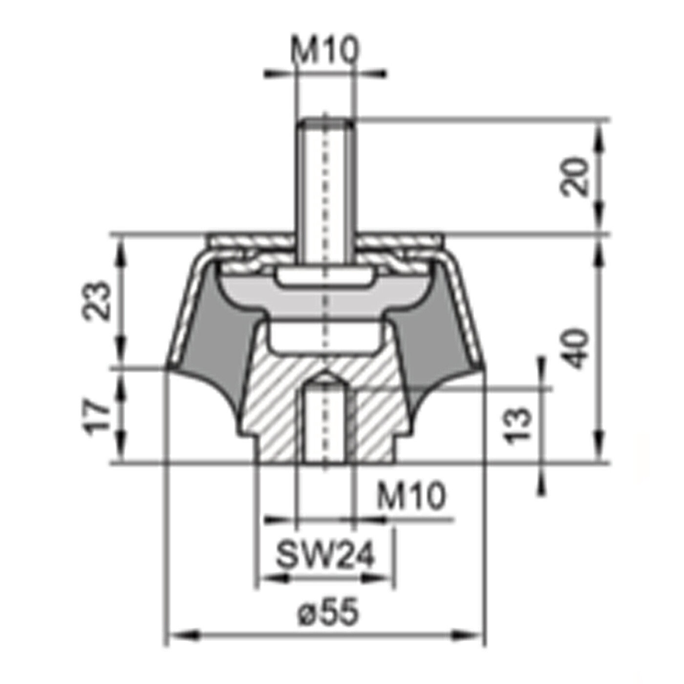 schematische Zeichnung eines Schwingungsdämpfers aus Metall bestehend aus Unterteil mit Einschraubgewinde, einer glockenförmigen Metallkappe mit Gewindebolzen und dazwischen einvulkanisiertem Gummi in der Seitenansicht