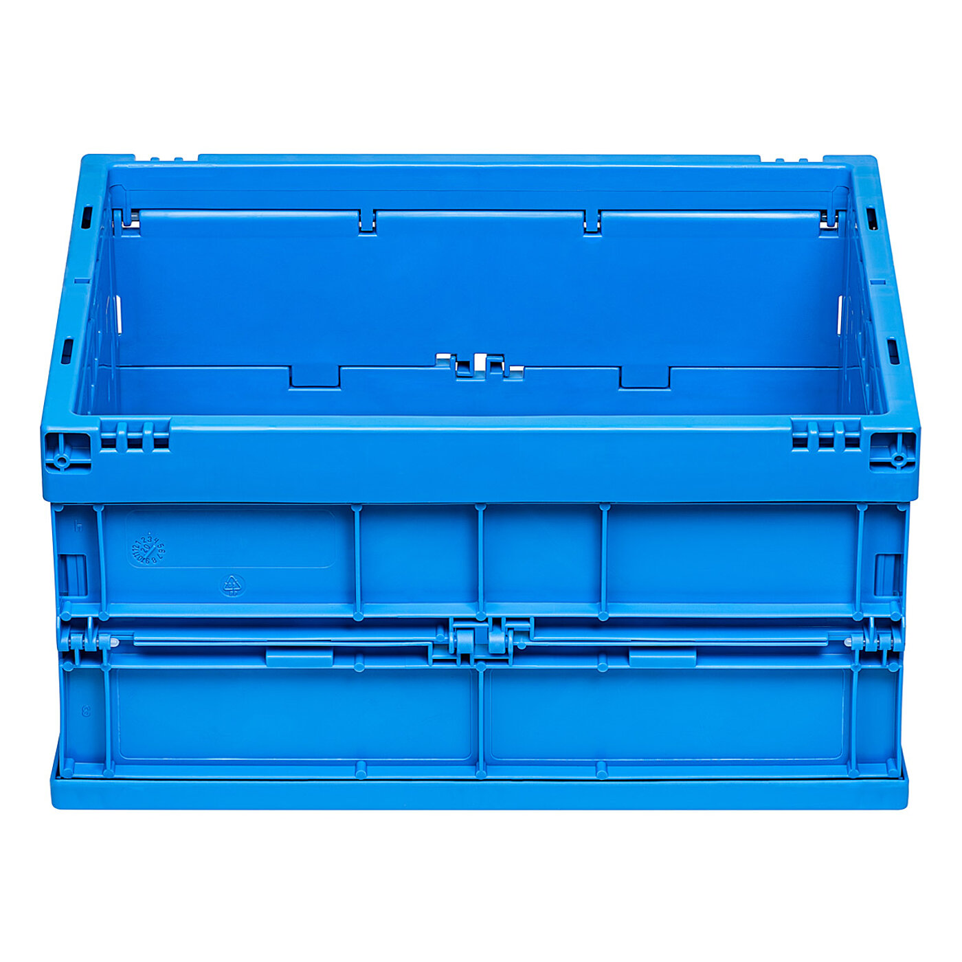 eine blaue Faltbox aus Kunststoff in Längsseitenansicht, freigestellt auf weißem Hintergrund
