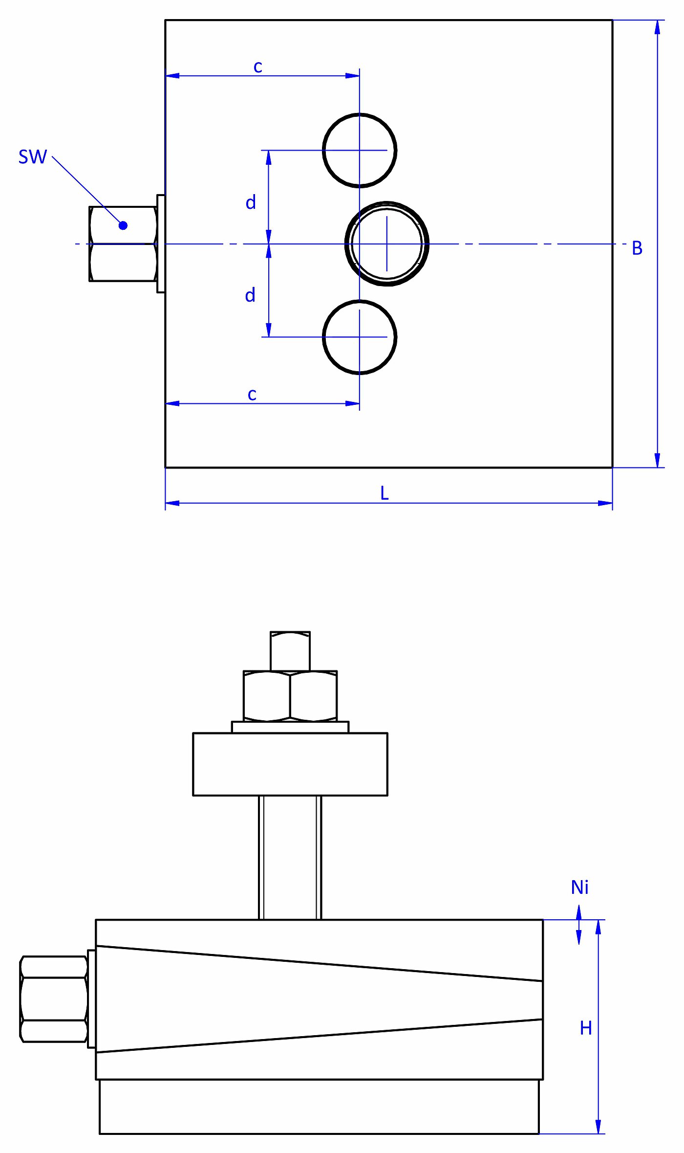 schematic drawing of a bolt-through action machine mount, in the view from the top with two holes in the top and bottom part, and in the side view with a medium-thickness elastomer with smooth surface for passive vibration isolation at the bottom and a fastening screw with a screwhead isolation disc at the top screw end, passing through the bottom part
