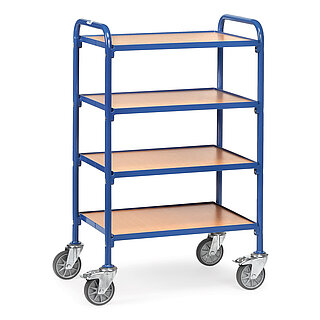 ein blauer FETRA® Wagen für Eurokästen mit vier Etagen auf weißem Hintergrund