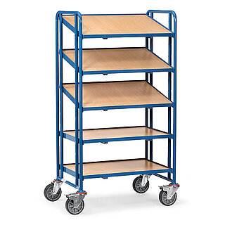 ein blauer FETRA® Wagen für Eurokästen mit fünf Etagen, davon 3 schräg, auf weißem Hintergrund