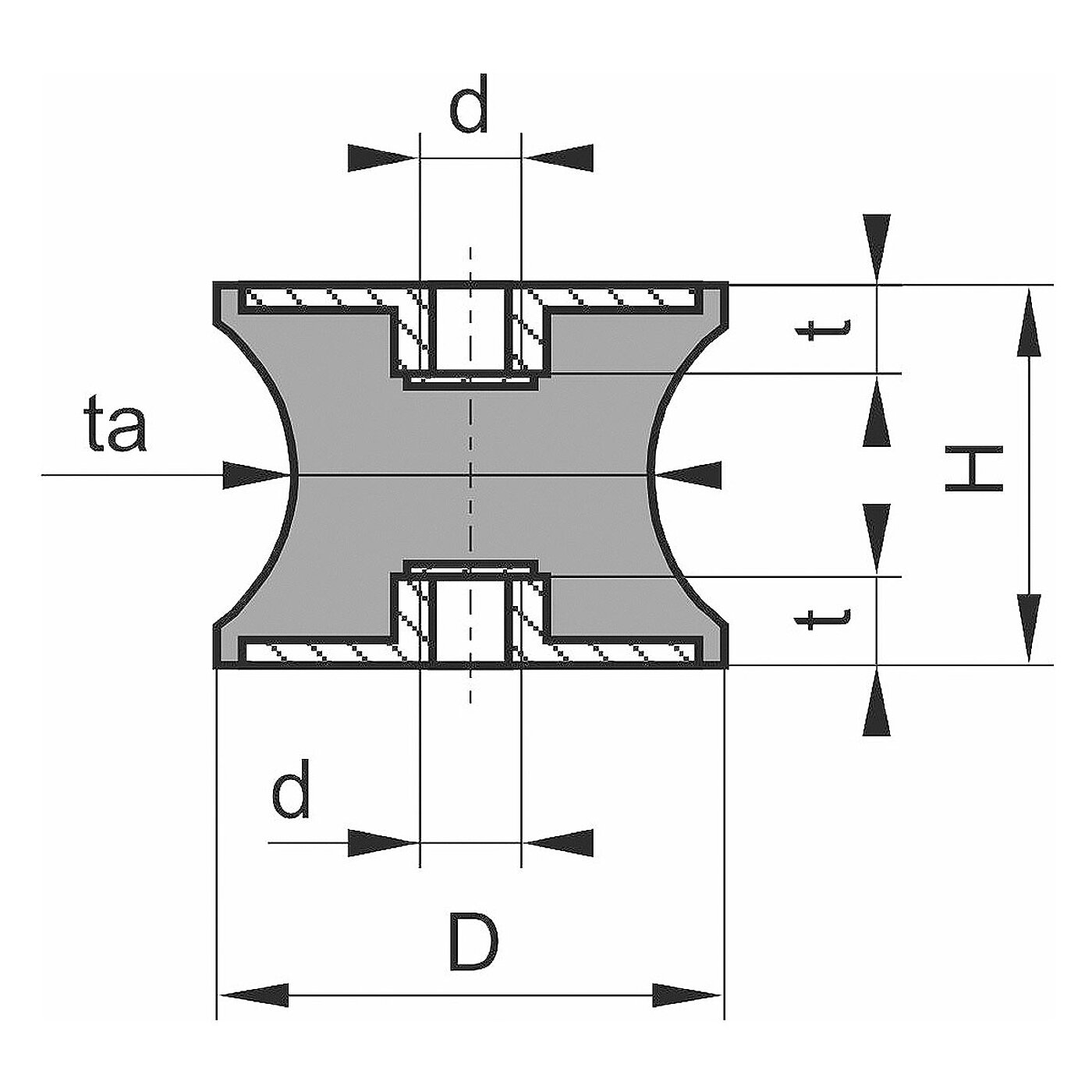 schematische Zeichnung eines Gummi-Metall-Elementes mit beidseitigem Innengewinde und dazwischenliegendem taillierten Elastomerkorpus